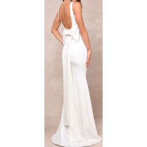LULU'S M Loving Fate White Bow Square Neck Backless Wedding Maxi Dress NWT B102